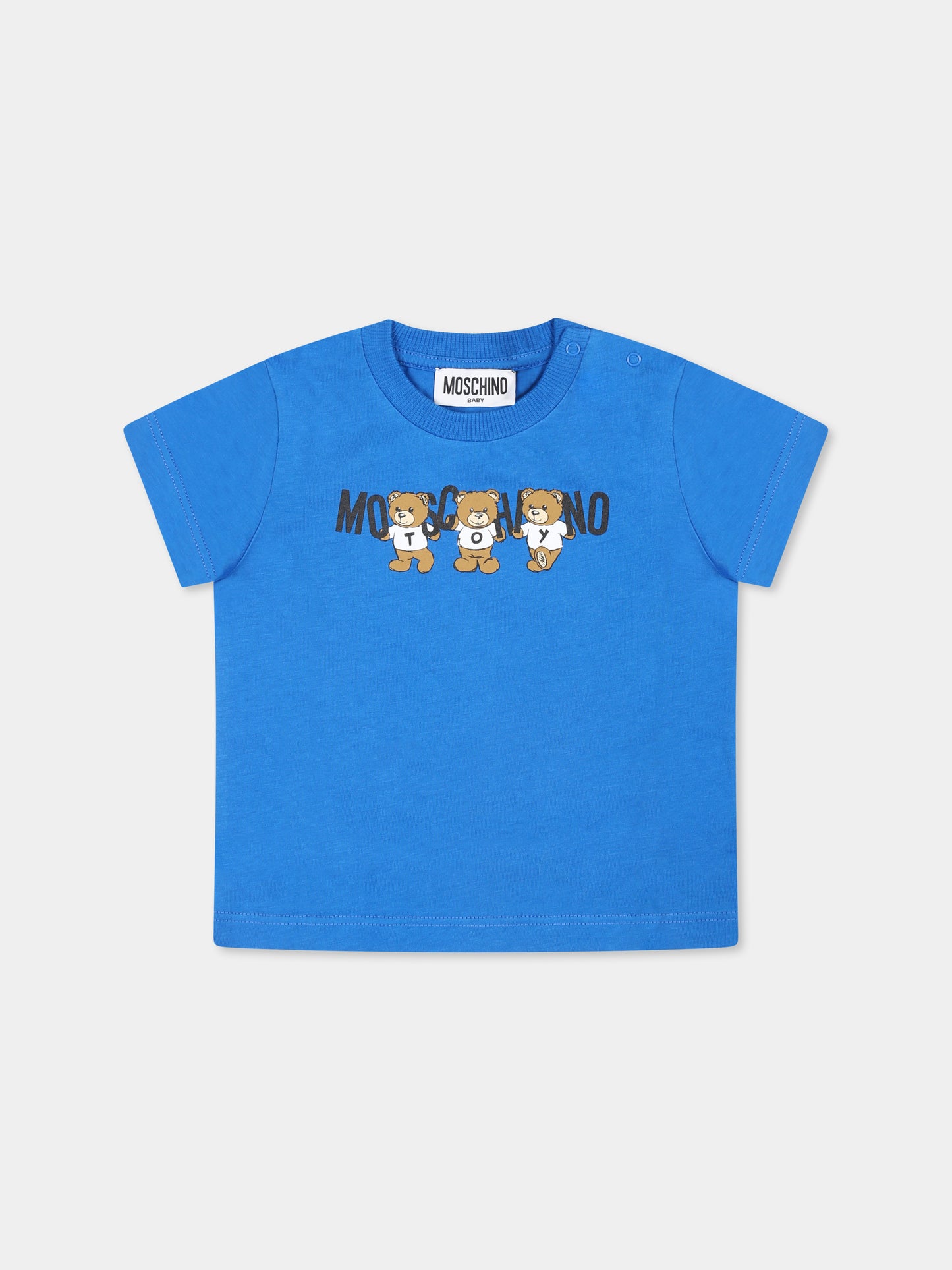 T-shirt azzurra per neonato con tre Teddy Bears,Moschino Kids,M7M032 LAA10 40515