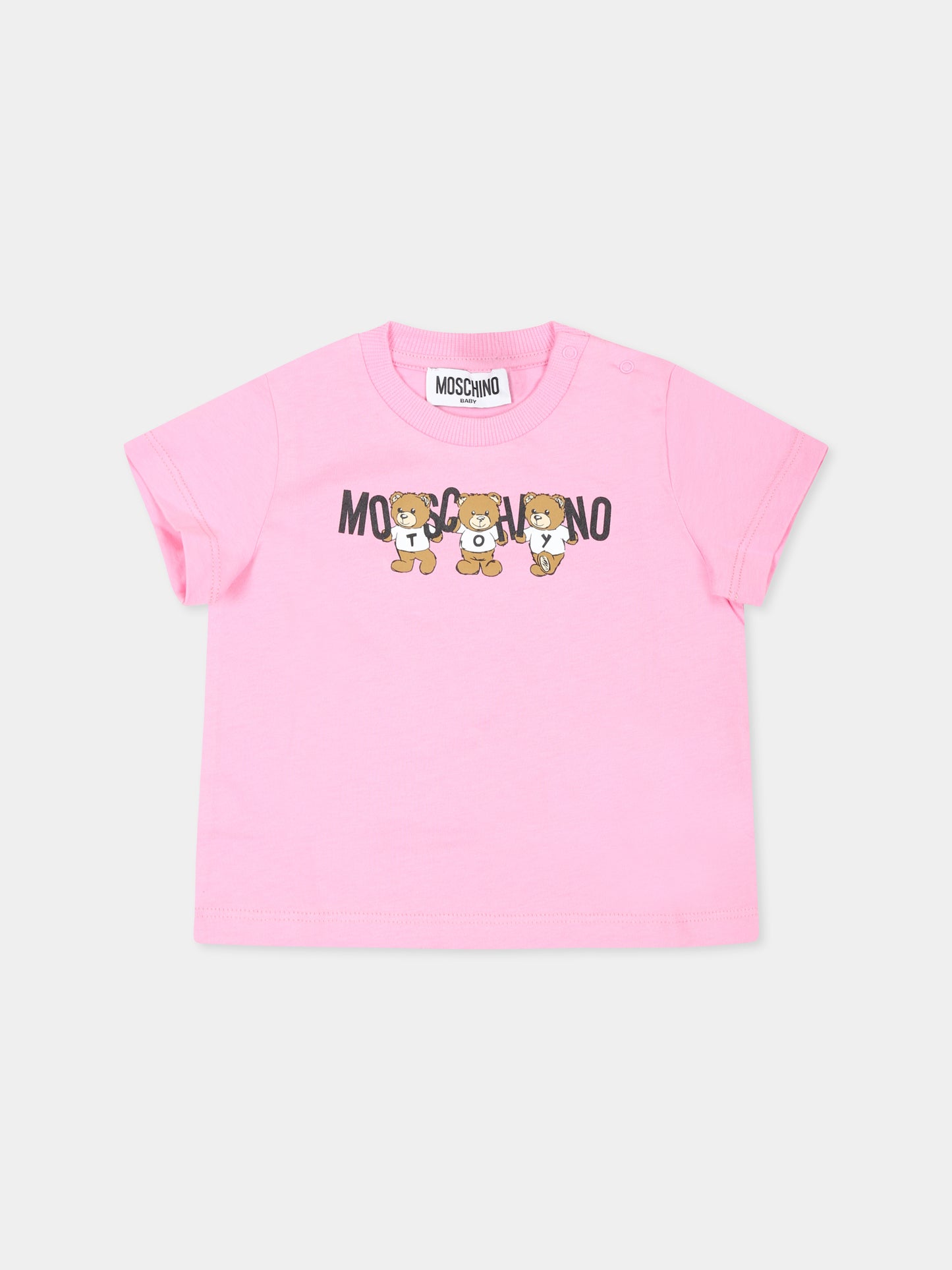 T-shirt rosa per neonata con tre Teddy Bears,Moschino Kids,M7M032 LAA10 50243