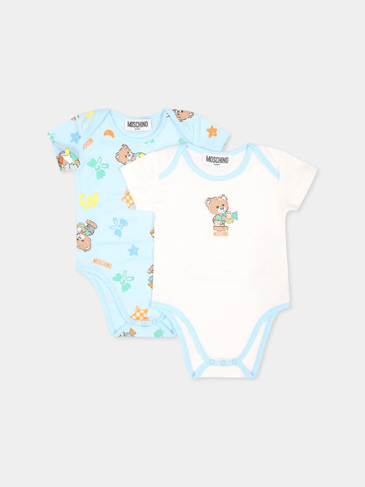 Set body celeste per neonato con Teddy Bear e stelle,Moschino Kids,M8Y017 LAB99 86018