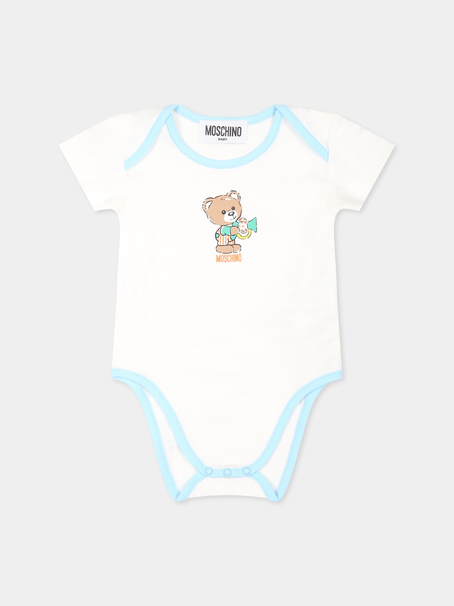 Set body celeste per neonato con Teddy Bear e stelle,Moschino Kids,M8Y017 LAB99 86018