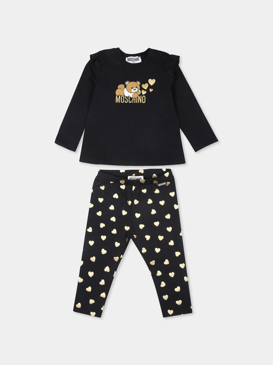 Completo nero per neonata con Teddy Bear e cuori,Moschino Kids,MBK01X LBA11 60100