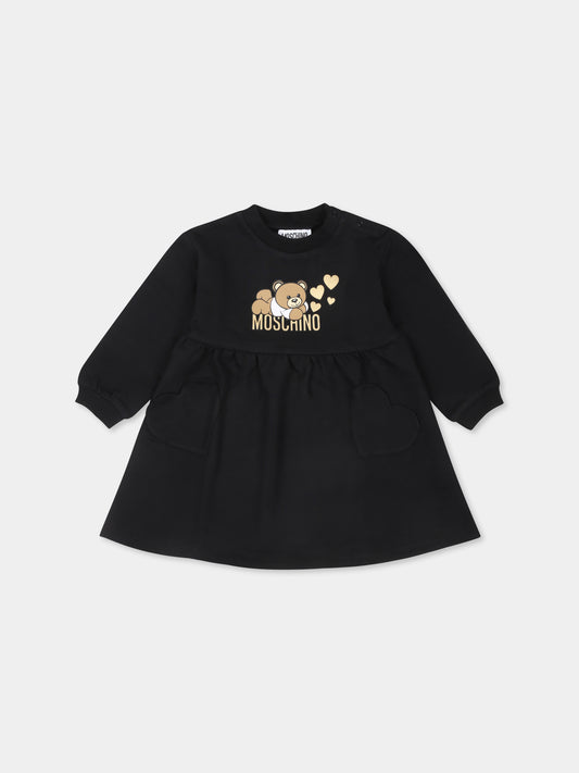 Vestito nero per neonata con Teddy Bear e cuori,Moschino Kids,MDV0BL LDA16 60100