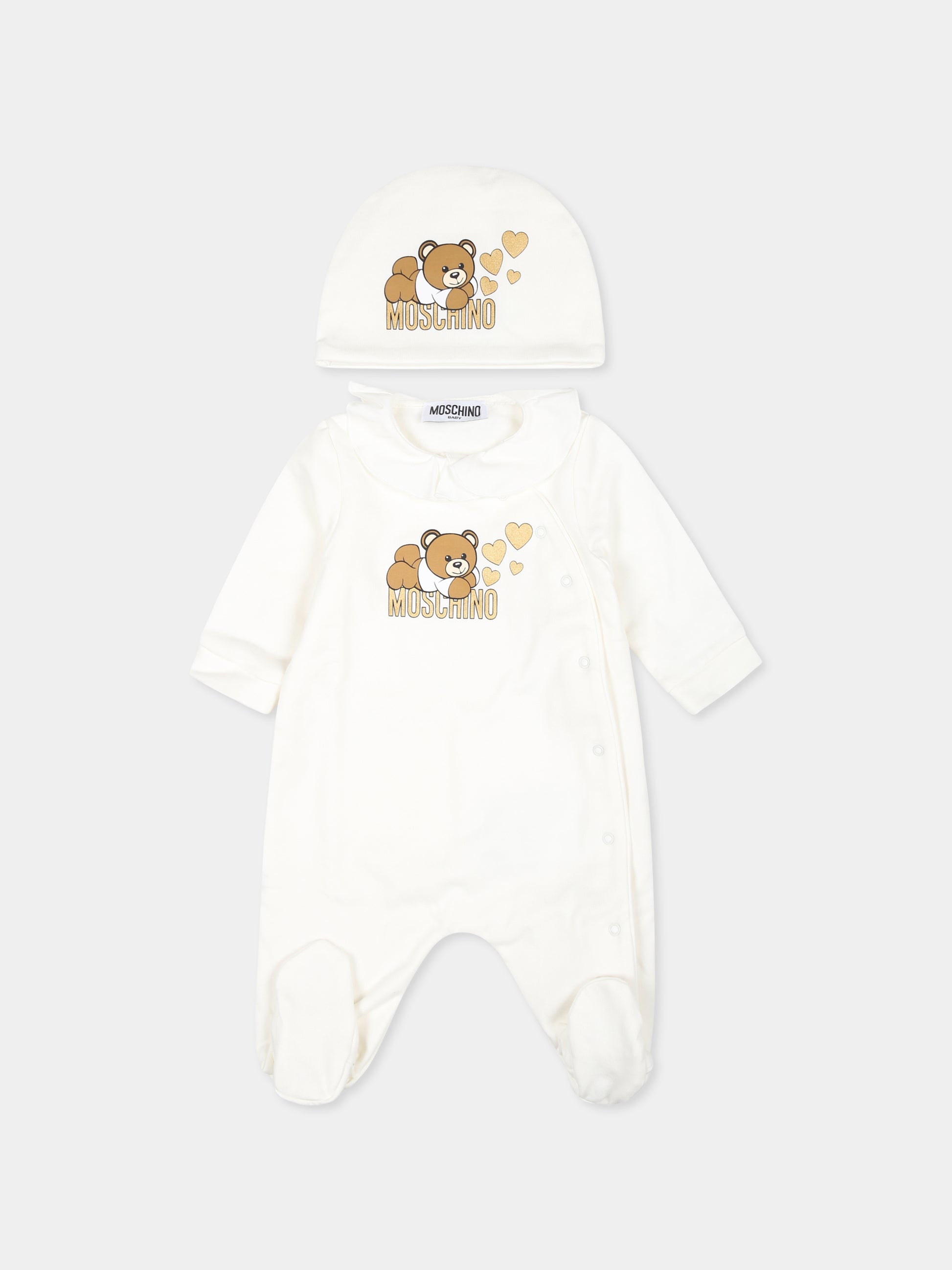 Set tutina avorio per neonata con Teddy Bear e cuori,Moschino Kids,MDY016 LCA80 10063