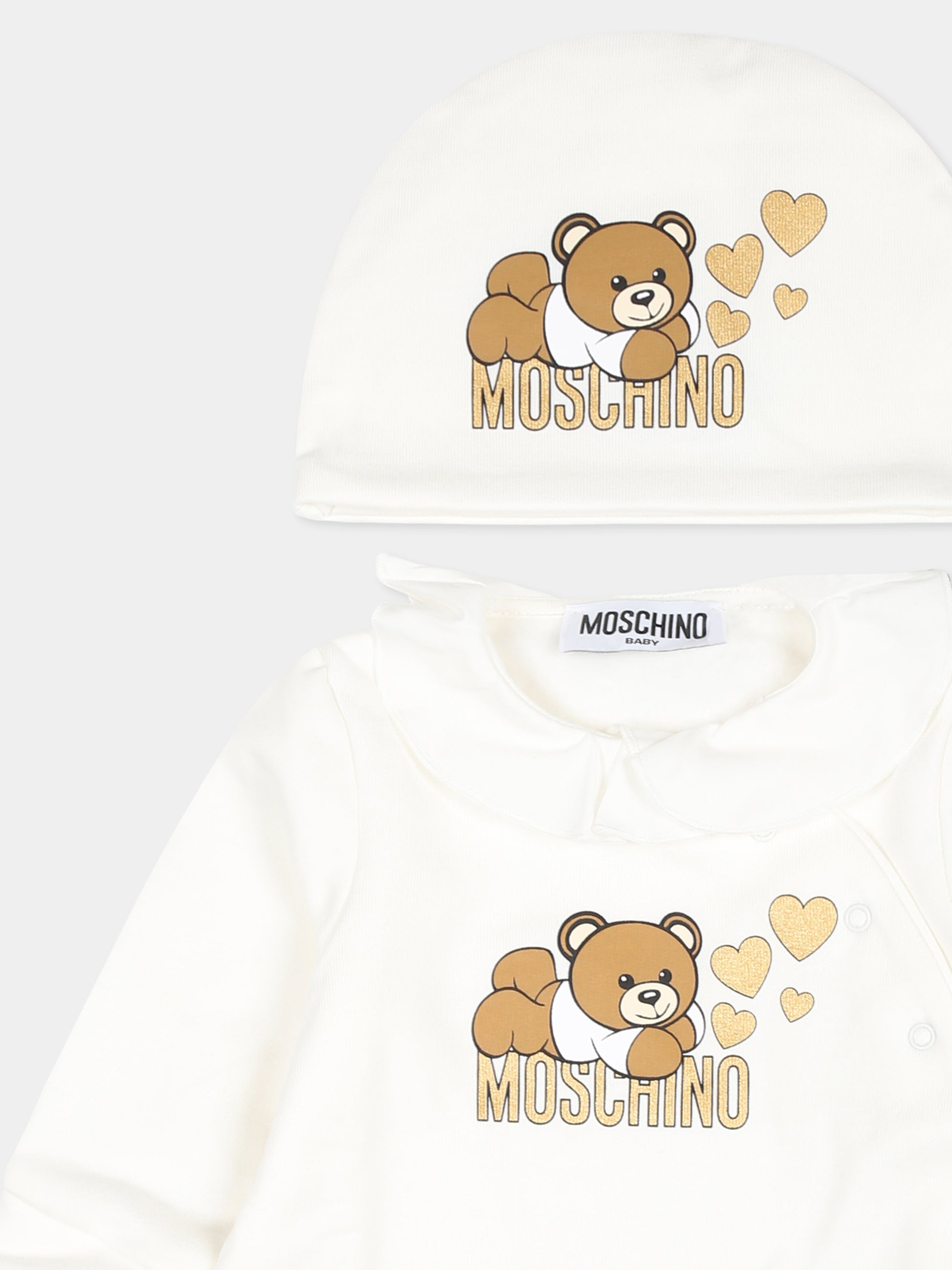 Set tutina avorio per neonata con Teddy Bear e cuori,Moschino Kids,MDY016 LCA80 10063