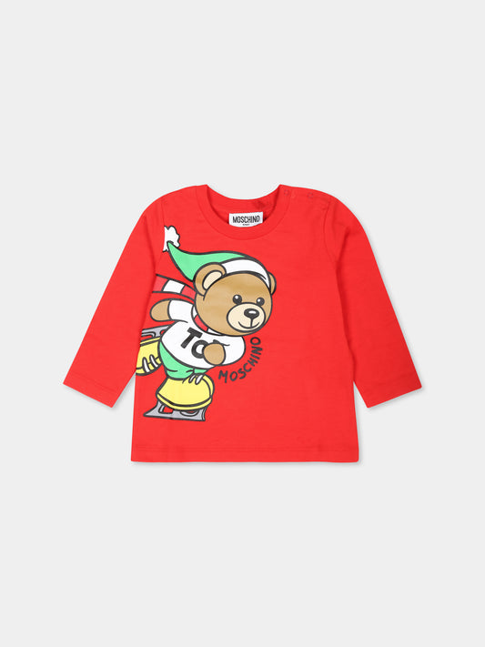 T-shirt rossa per neonati con Teddy Bear natalizio,Moschino Kids,MSO00R LAA10 50109