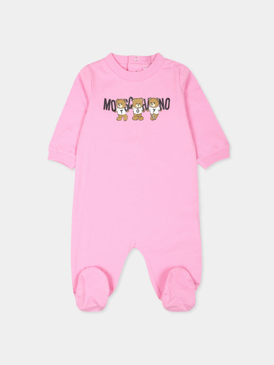 Tutina rosa per neonata con tre Teddy Bears,Moschino Kids,MUT040 LAA10 50243