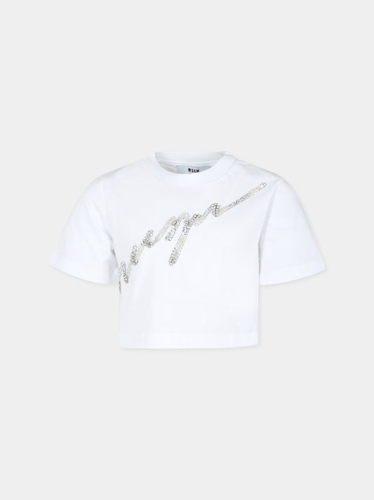 T-shirt crop bianca per bambina con logo e strass,Msgm Kids,F4MSJGTH116 001