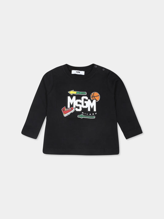 T-shirt nera per neonato con logo e palla,Msgm Kids,F4MSNBTH262 110