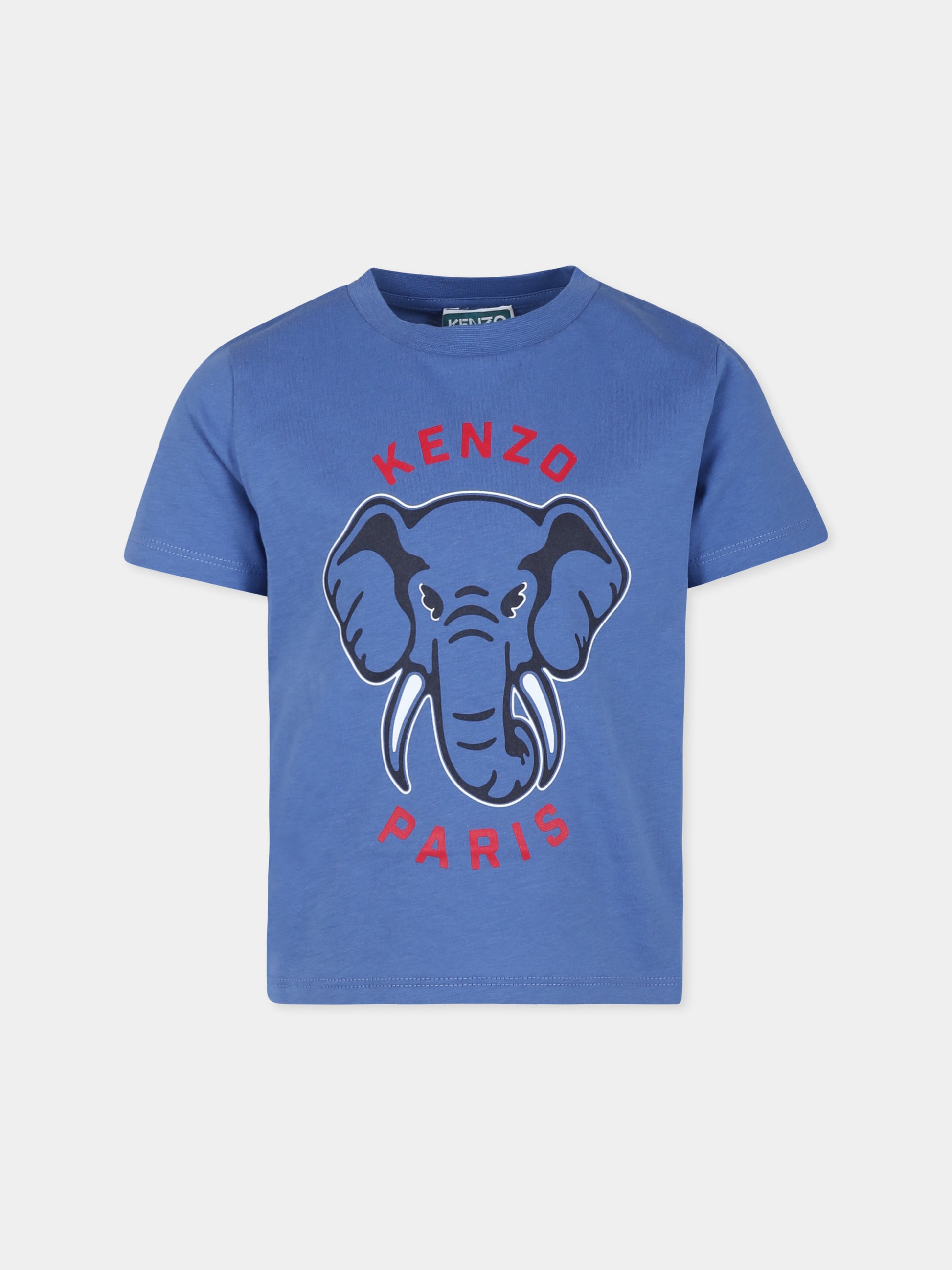 T-shirt celeste per bambino con elefante e logo,Kenzo Kids,K60748 780