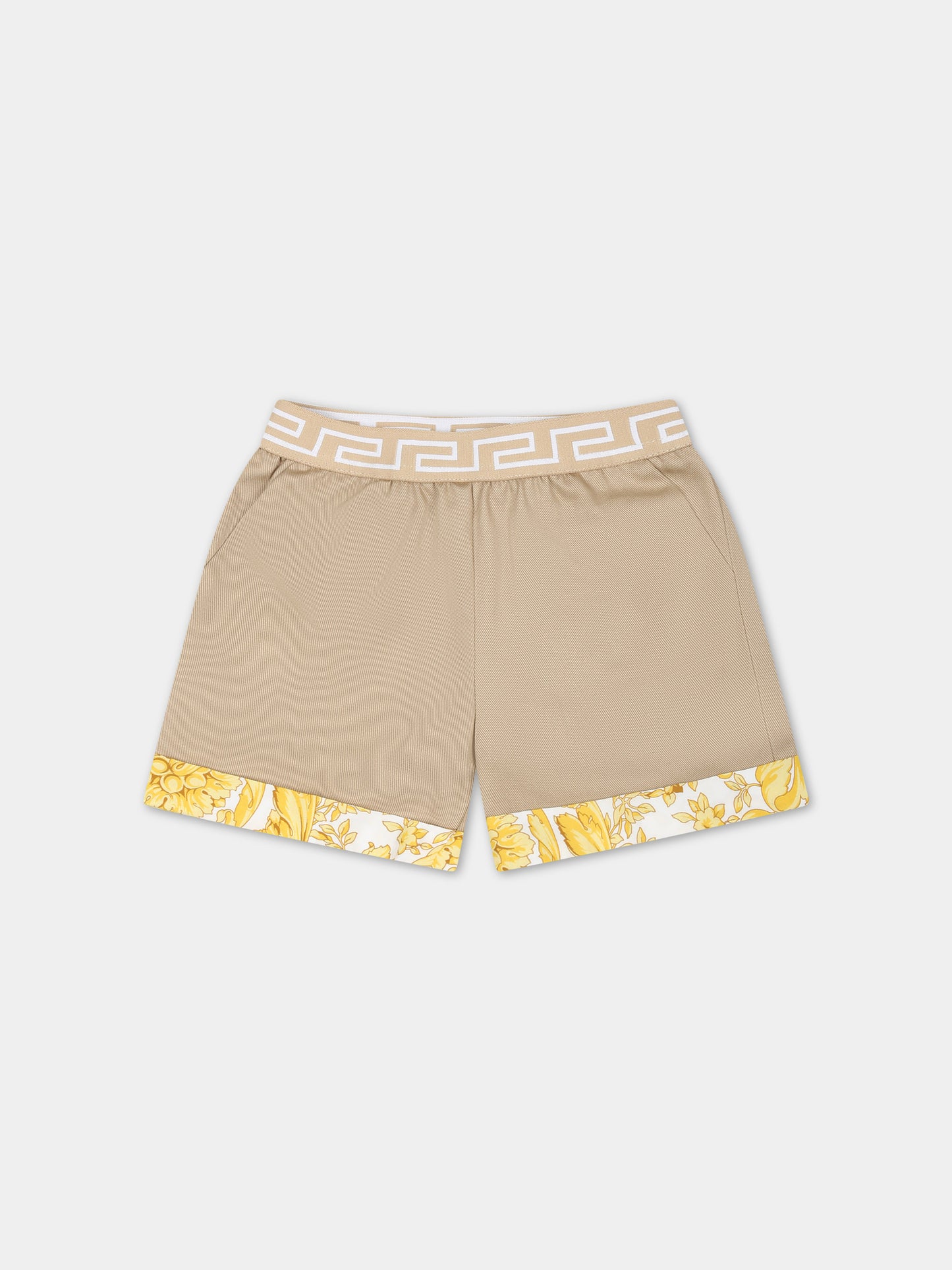 Shorts beige per neonato con stampa barocco,Versace,1014231 1A10103 2KH00