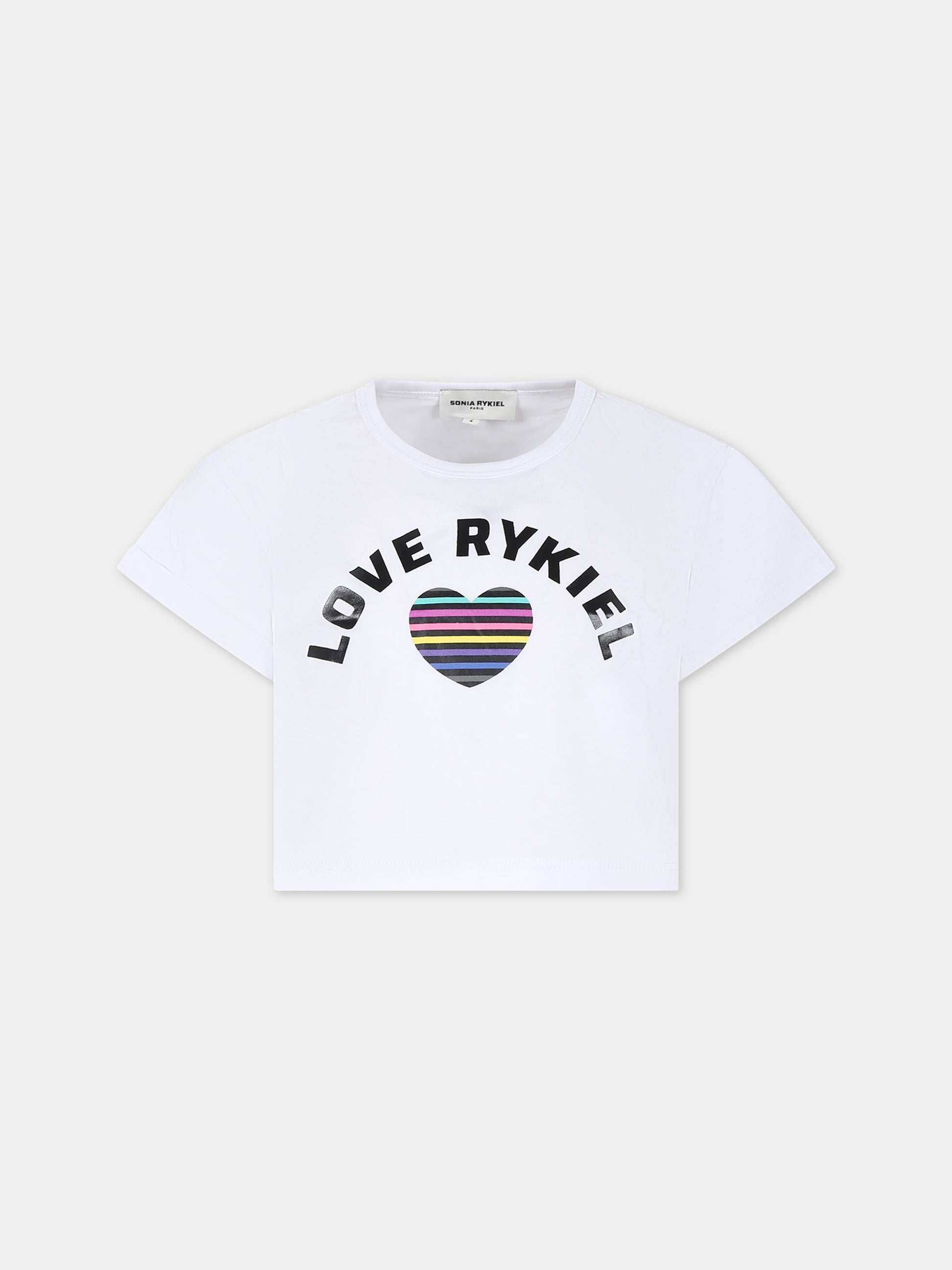T-shirt crop bianca per bambina con logo e cuore,Sonia Rykiel Paris,A15015 10P