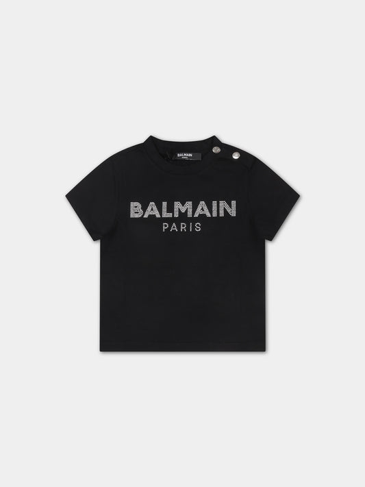T-shirt nera per neonata con logo e strass,Balmain Kids,6Q8801 J0006 930