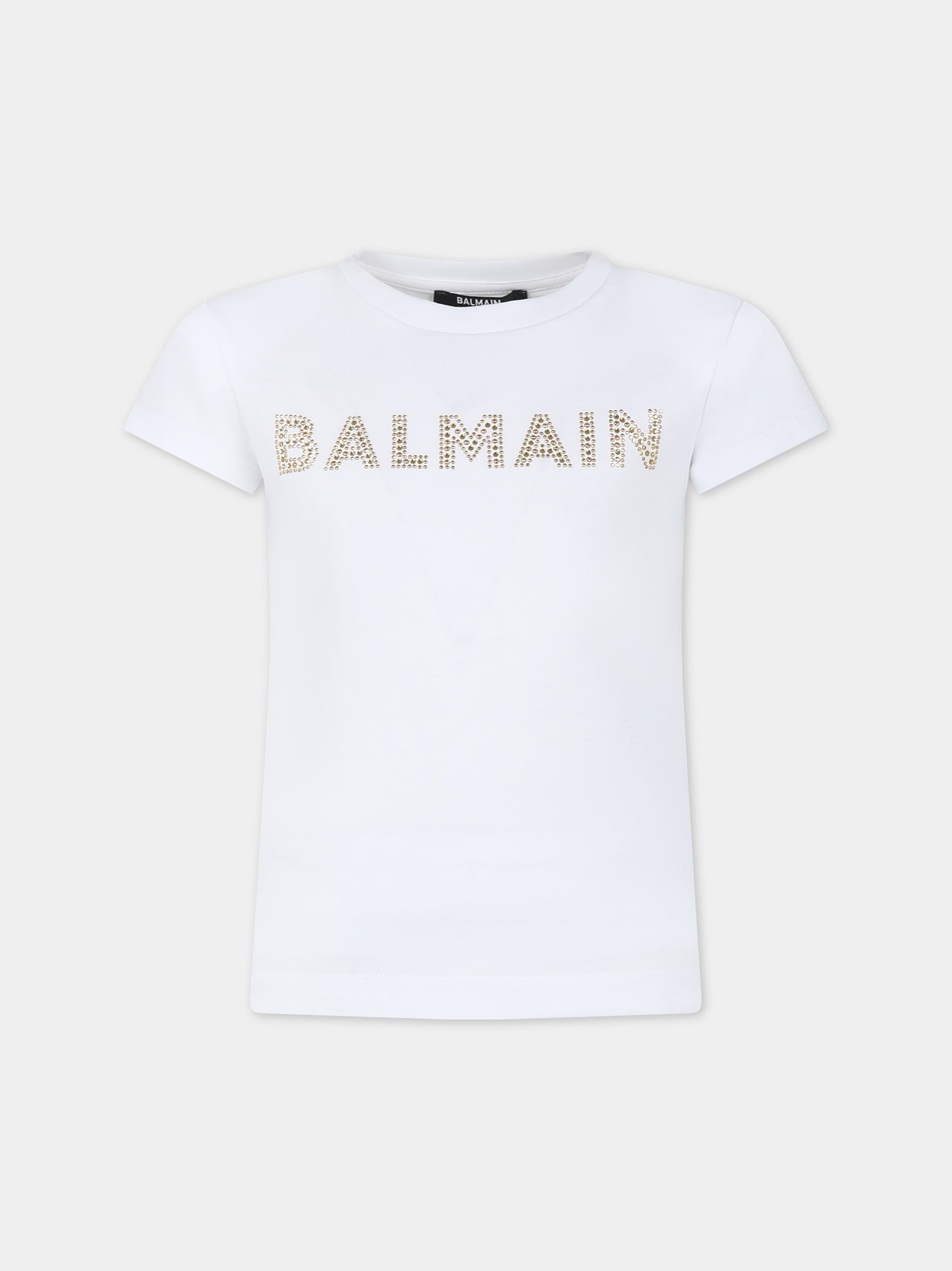 T-shirt bianca per bambina con logo e strass,Balmain Kids,BT8A21 J0177 100