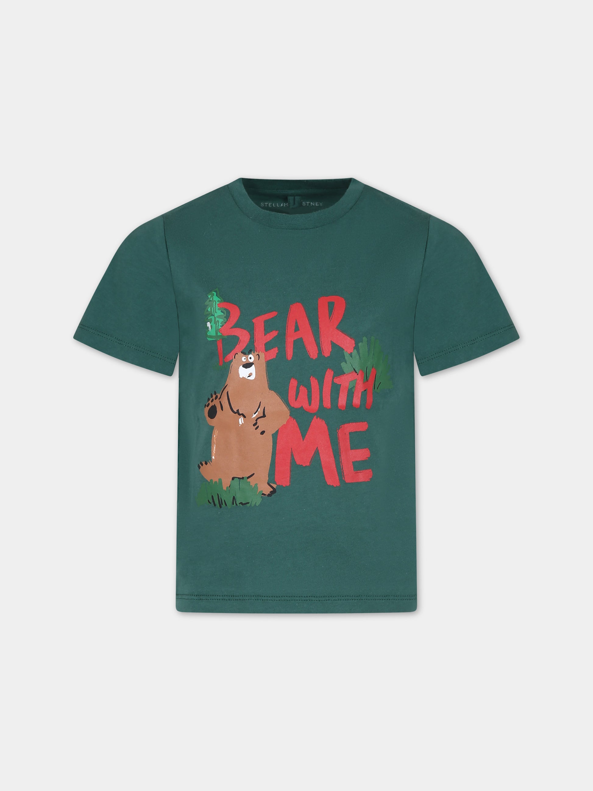 T-shirt verde per bambino con stampa orso e scritta,Stella Mccartney Kids,TT8P91 Z0434 719