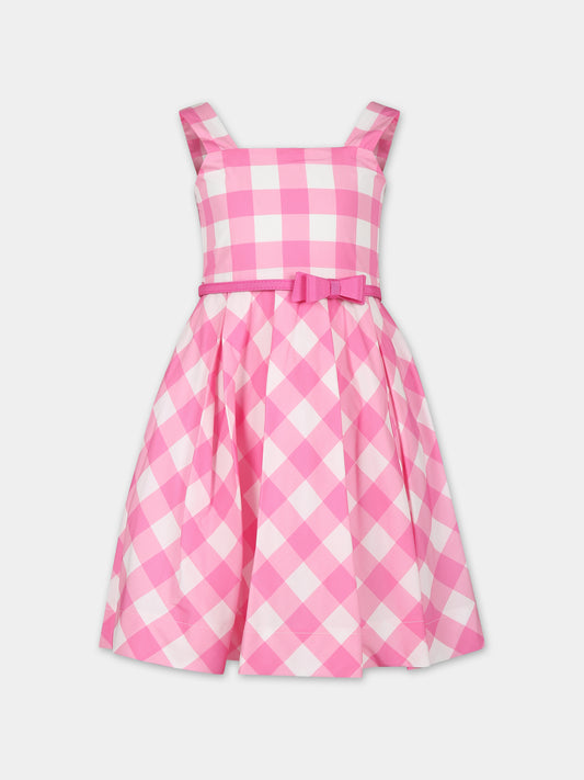 Vestito rosa per bambina con fiocco e stampa vichy,Monnalisa,11C935 3695 9993