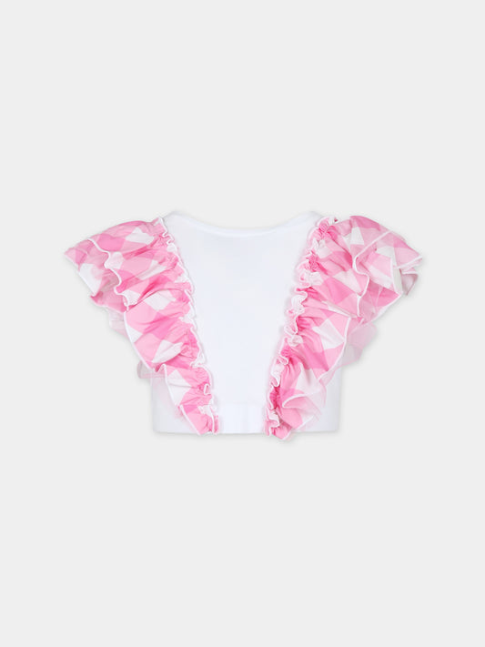 T-shirt crop bianca per bambina con stampa vichy e tulle,Monnalisa,11C335 3201 9993