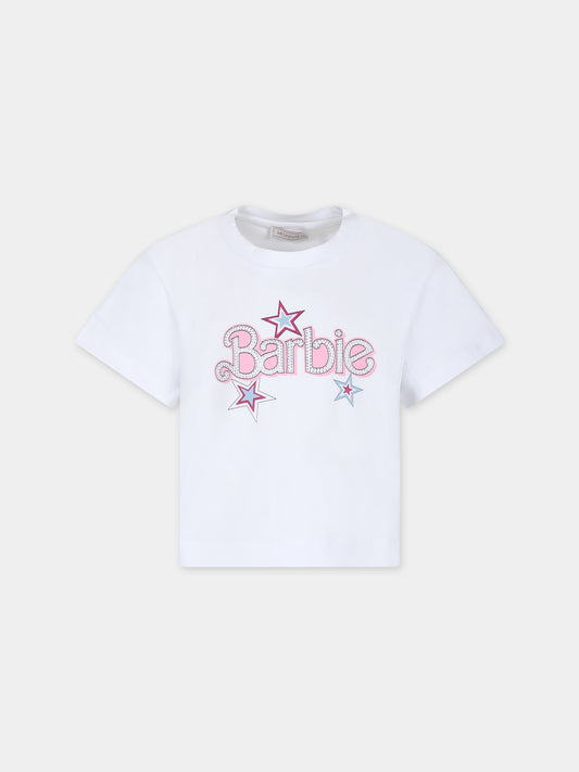 T-shirt crop bianca per bambina con scritta e strass,Monnalisa,19C636 3003 0099