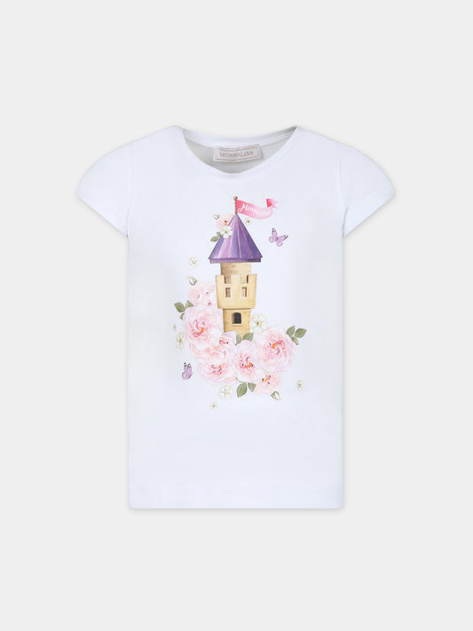 T-shirt bianca per bambina con stampa castello e logo,Monnalisa,19C631 3022 0099