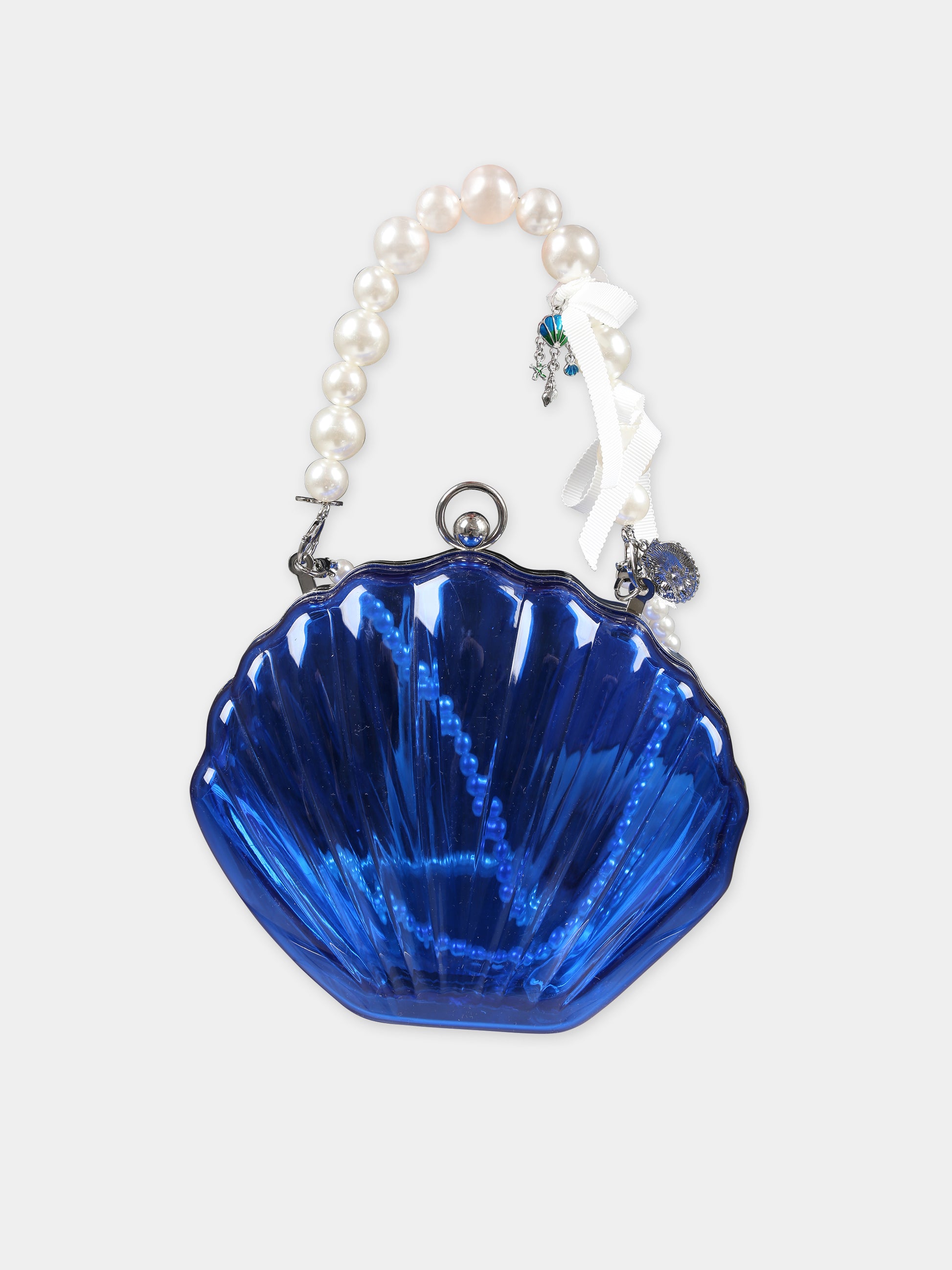 Borsa blu per bambina con perle e conchiglie,Monnalisa,19C007 3717 0054