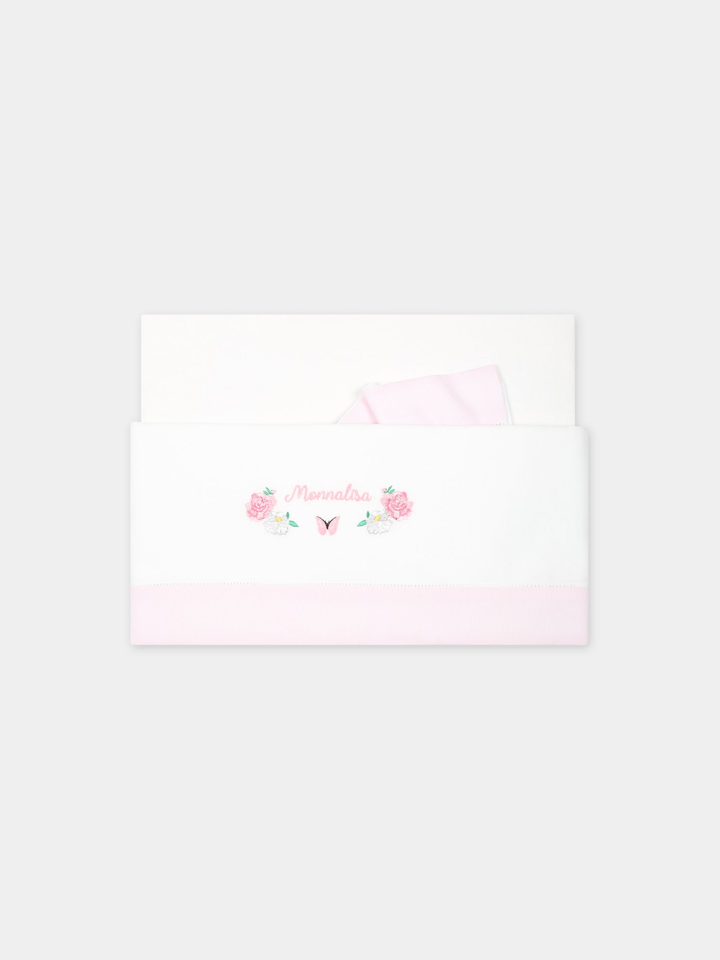 Set lenzuola bianche per neonata con fiori e logo,Monnalisa,35C004 3059 9990