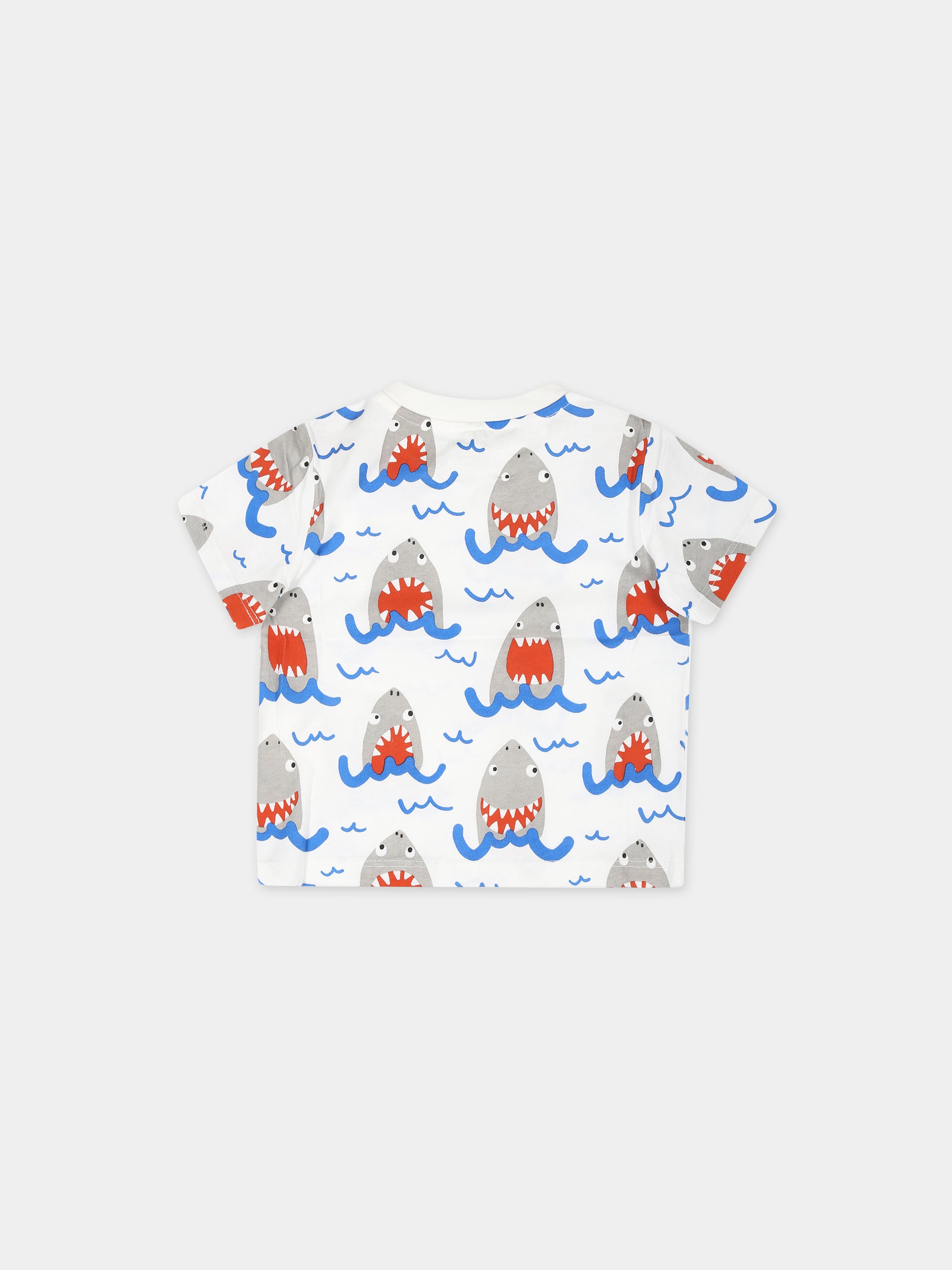 T-shirt bianca per neonato con stampa squalo all-over,Stella Mccartney Kids,TU8691 Z1861 101MC