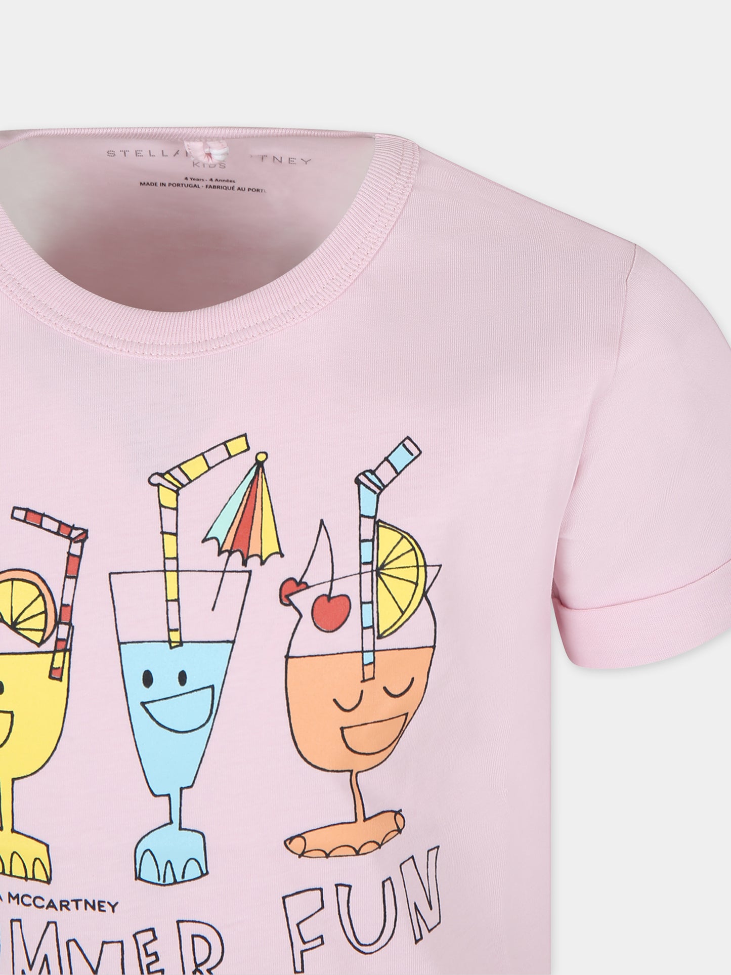 T-shirt rosa per bambina con stampa cocktail e scritta,Stella Mccartney Kids,TU8D21 Z0434 50H