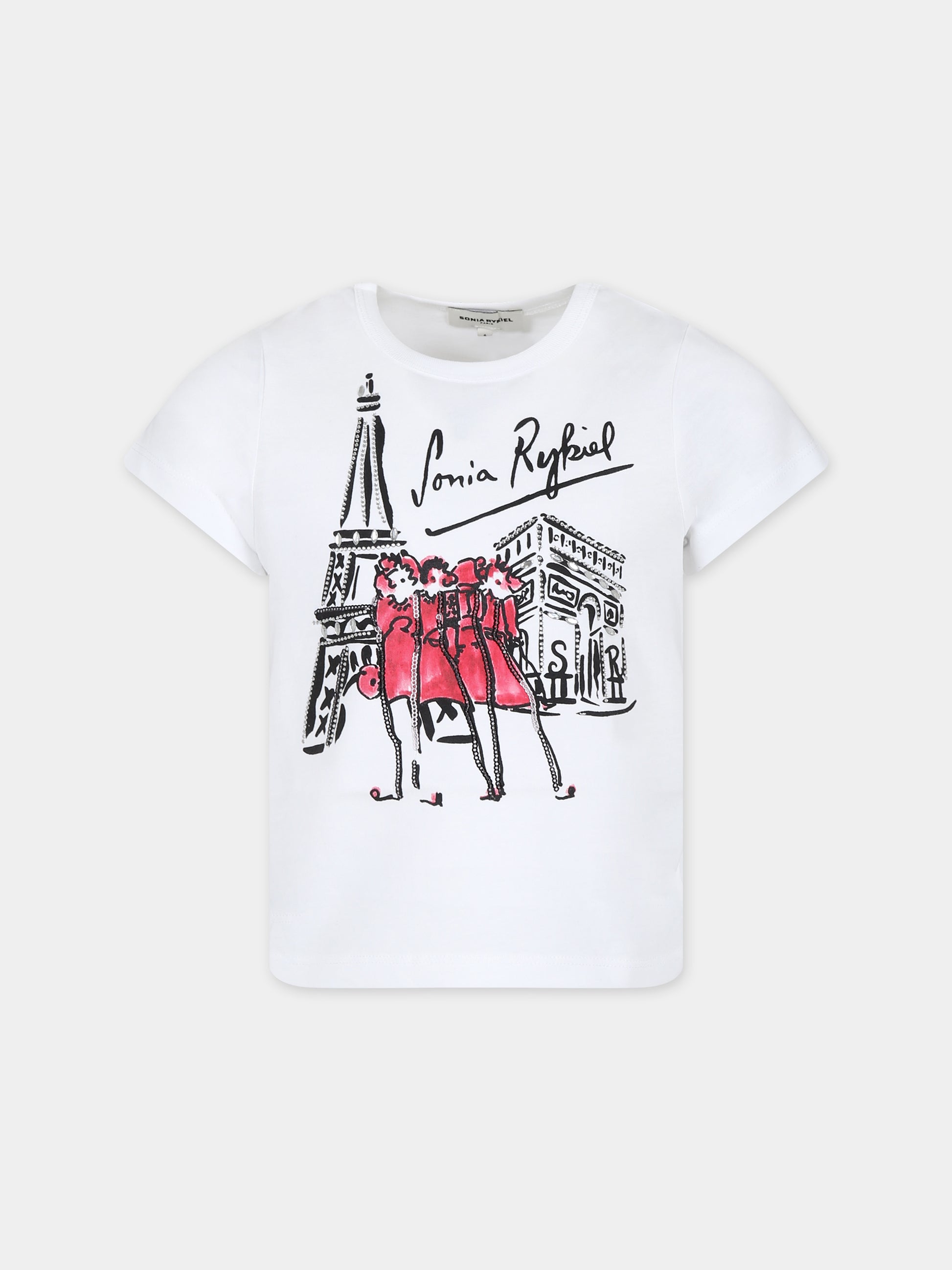 T-shirt bianca per bambina con stampa Tour Eiffel e strass,Sonia Rykiel Paris,A00180 98D