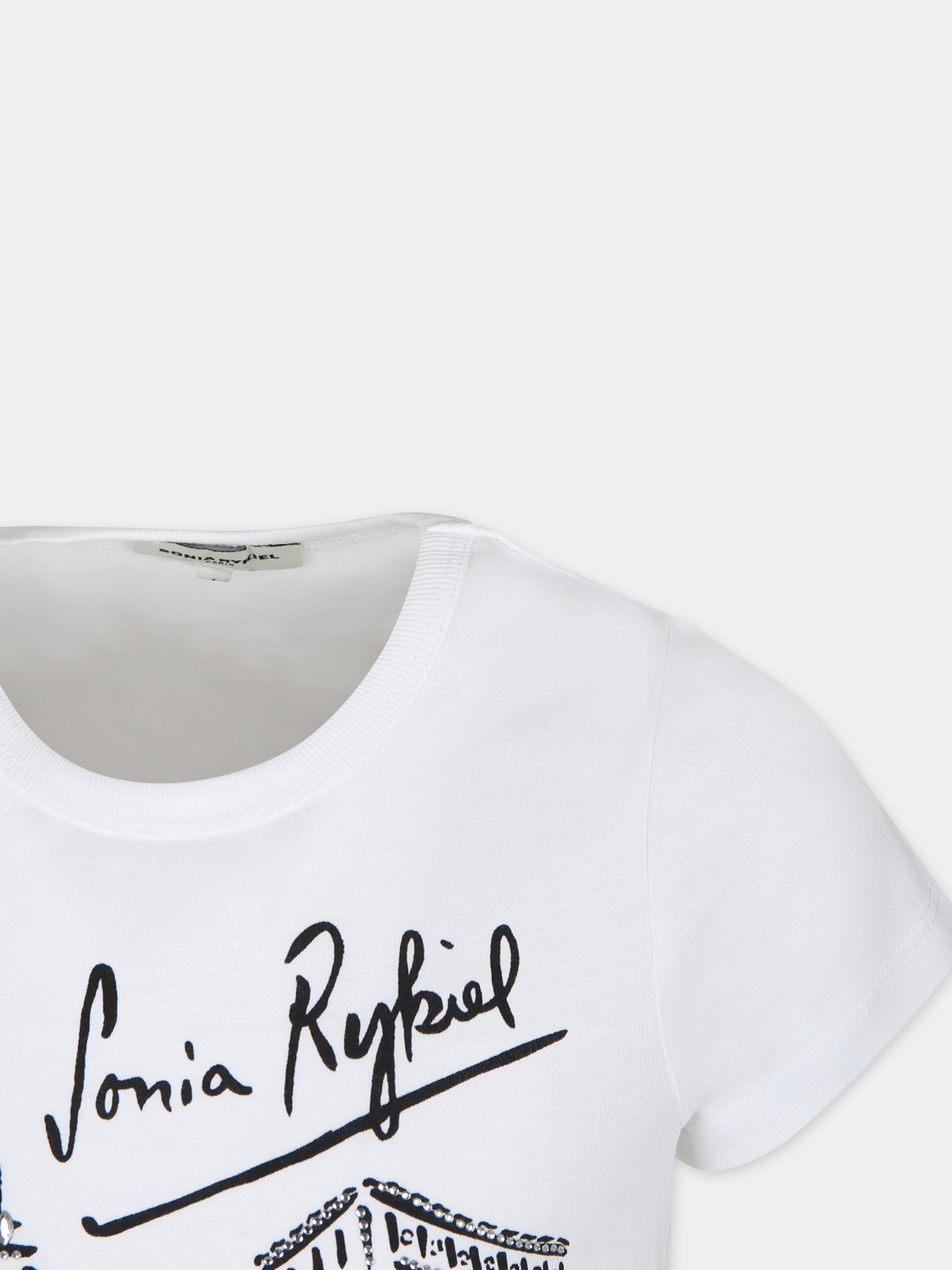 T-shirt bianca per bambina con stampa Tour Eiffel e strass,Sonia Rykiel Paris,A00180 98D