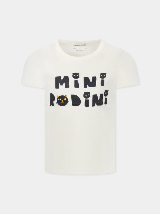 T-shirt avorio per bambini con logo e gatti