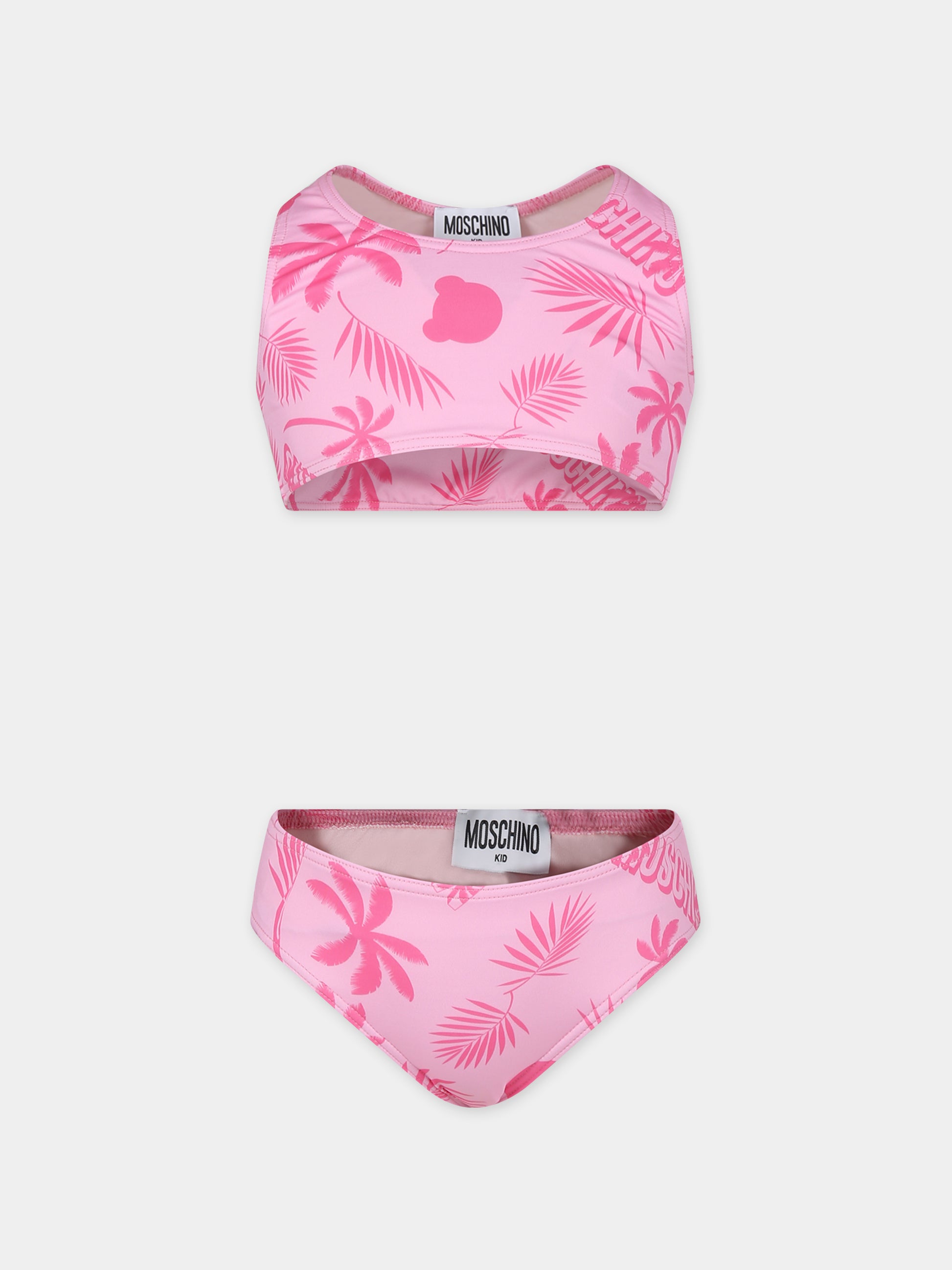 Bikini rosa per bambina con stampa Teddy Bear e palme,Moschino Kids,HDL00W LKA00 85839