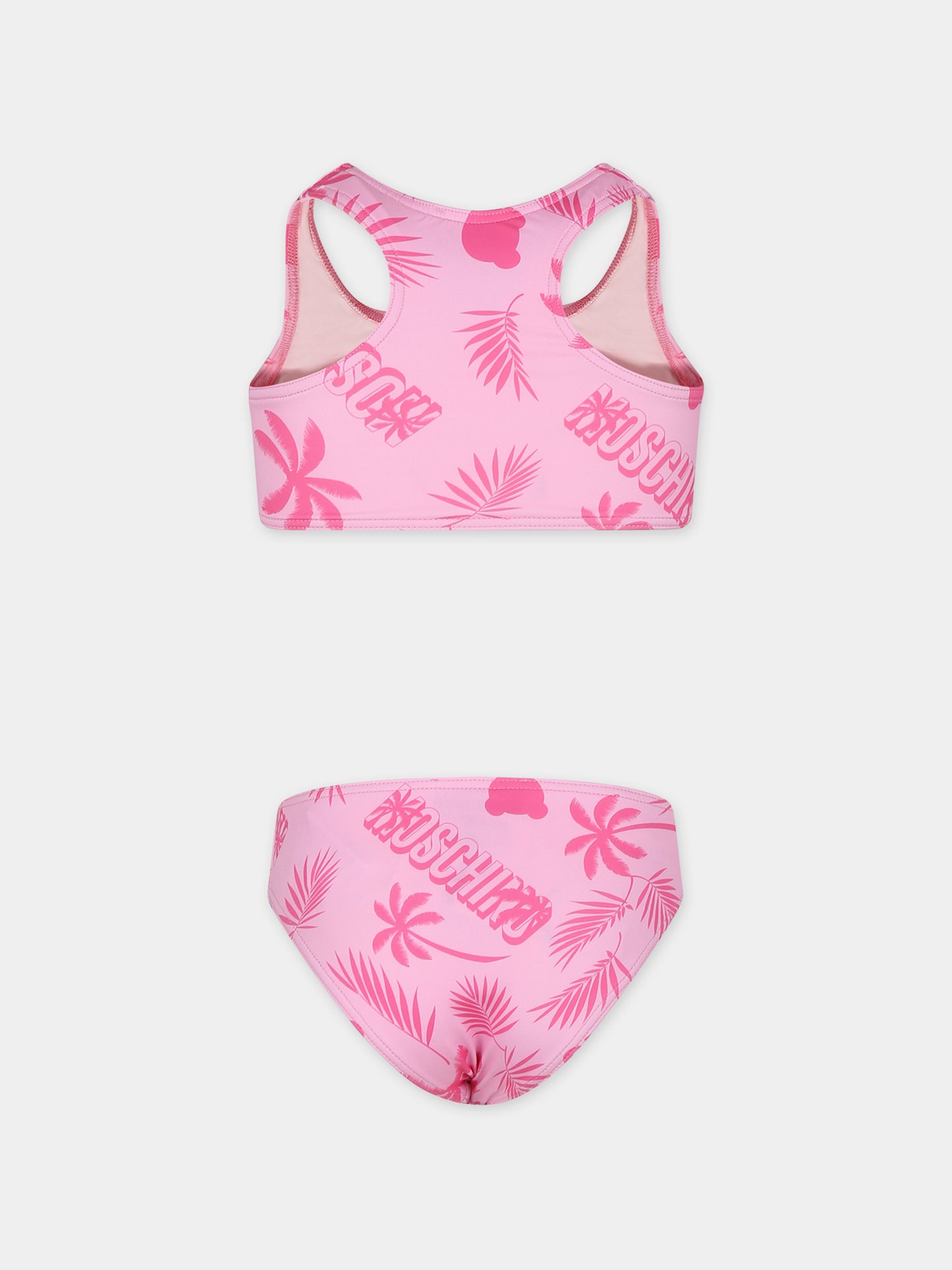 Bikini rosa per bambina con stampa Teddy Bear e palme,Moschino Kids,HDL00W LKA00 85839