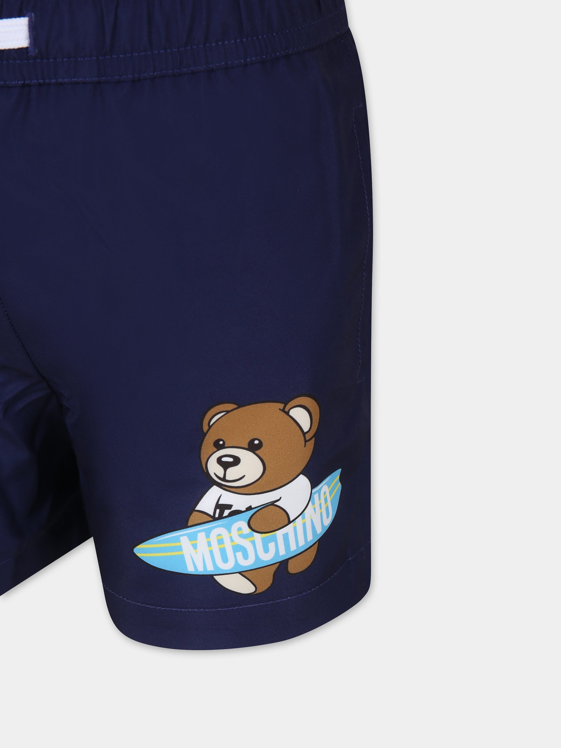 Boxer mare blu per bambino con Teddy Bear e logo,Moschino Kids,HOL01C LKA02 40016
