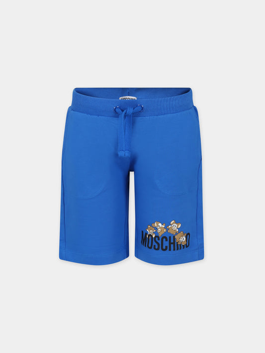 Shorts azzurri per bambini con Teddy Bers e logo,Moschino Kids,HUQ01O LCA19 40289