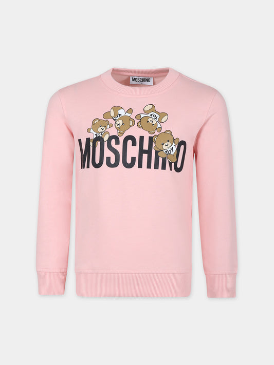 Felpa rosa per bambina con Teddy Bears e logo,Moschino Kids,HZF05R LCA19 50209