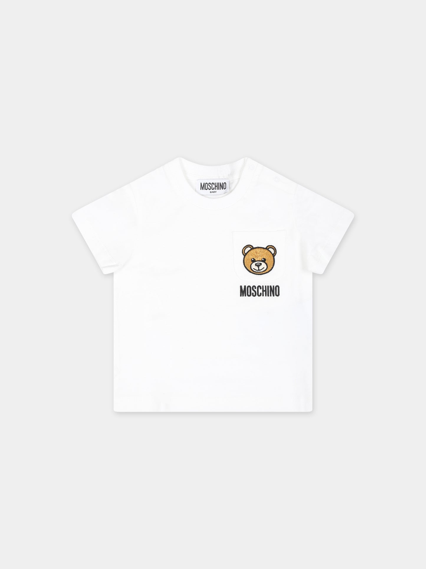 T-shirt bianca per neonato con Teddy Bear e logo,Moschino Kids,MUM040 LAA23 10101