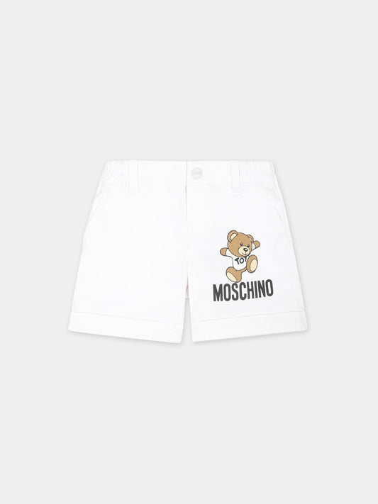Shorts bianchi per neonato con Teddy Bear e logo,Moschino Kids,MUQ012 LPA01 10101