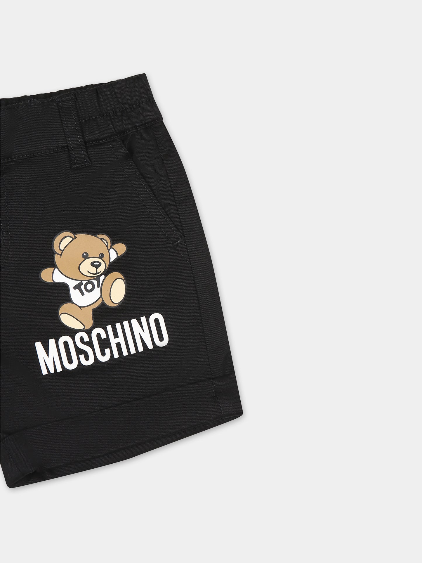 Shorts neri per neonato con Teddy Bear e logo,Moschino Kids,MUQ012 LPA01 60100