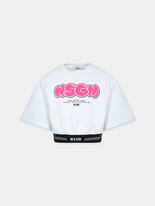 Felpa crop bianca per bambina con logo,Msgm Kids,MS029444 001