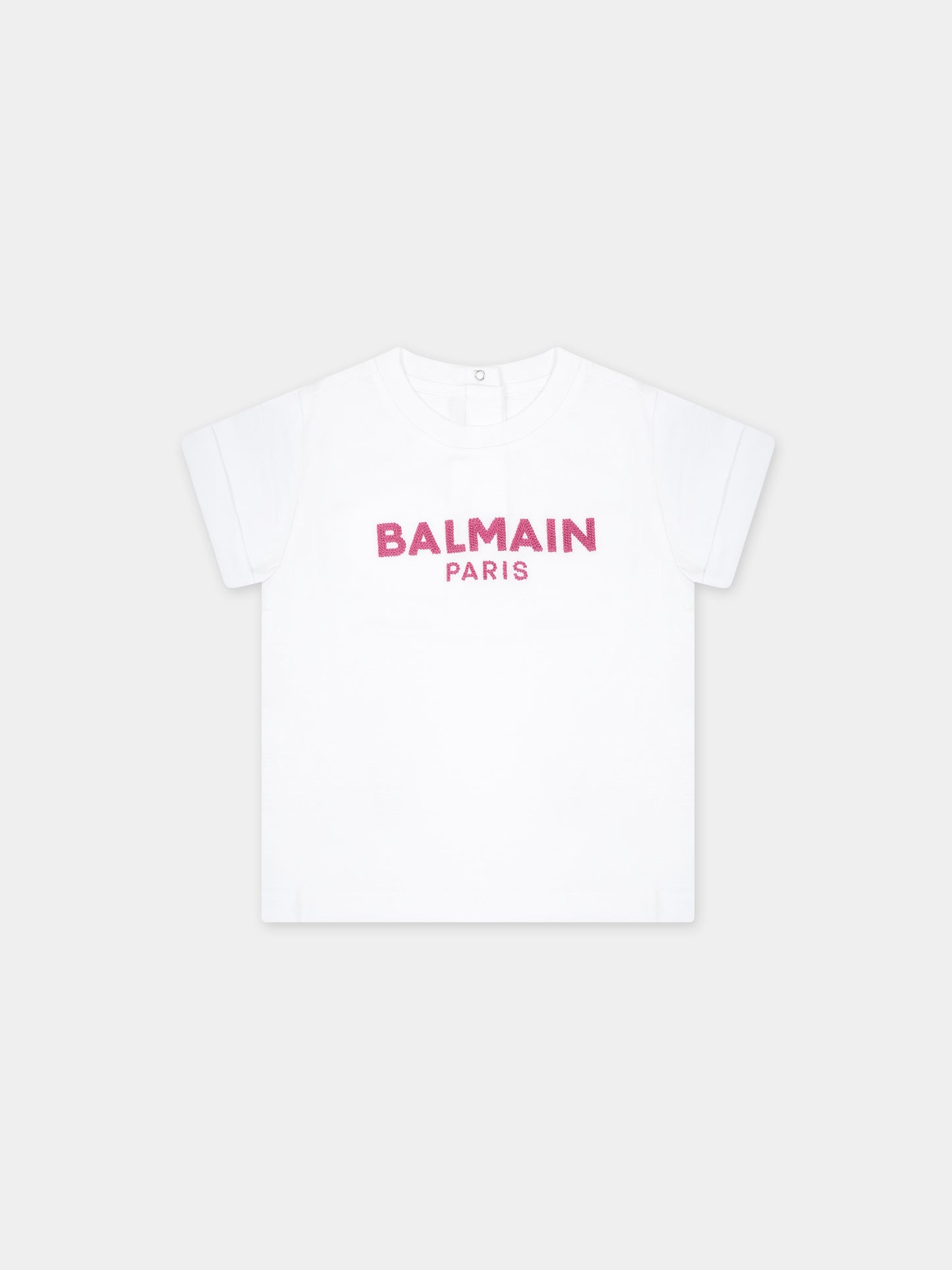 T-shirt bianca per neonata con logo ricamato,Balmain Kids,BT8531 Z0082 100FU