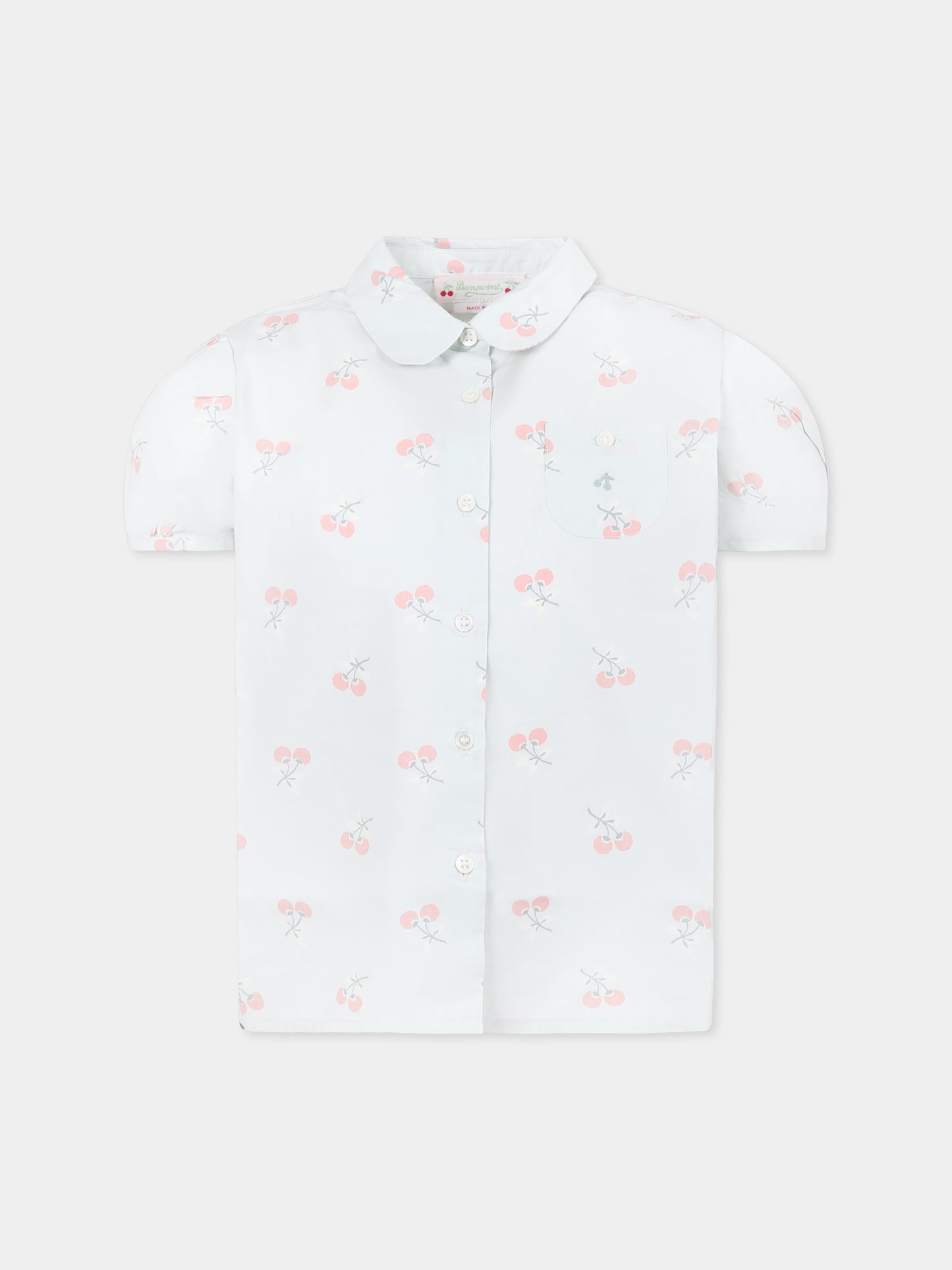 Camicia celeste per bambina con ciliegie all over