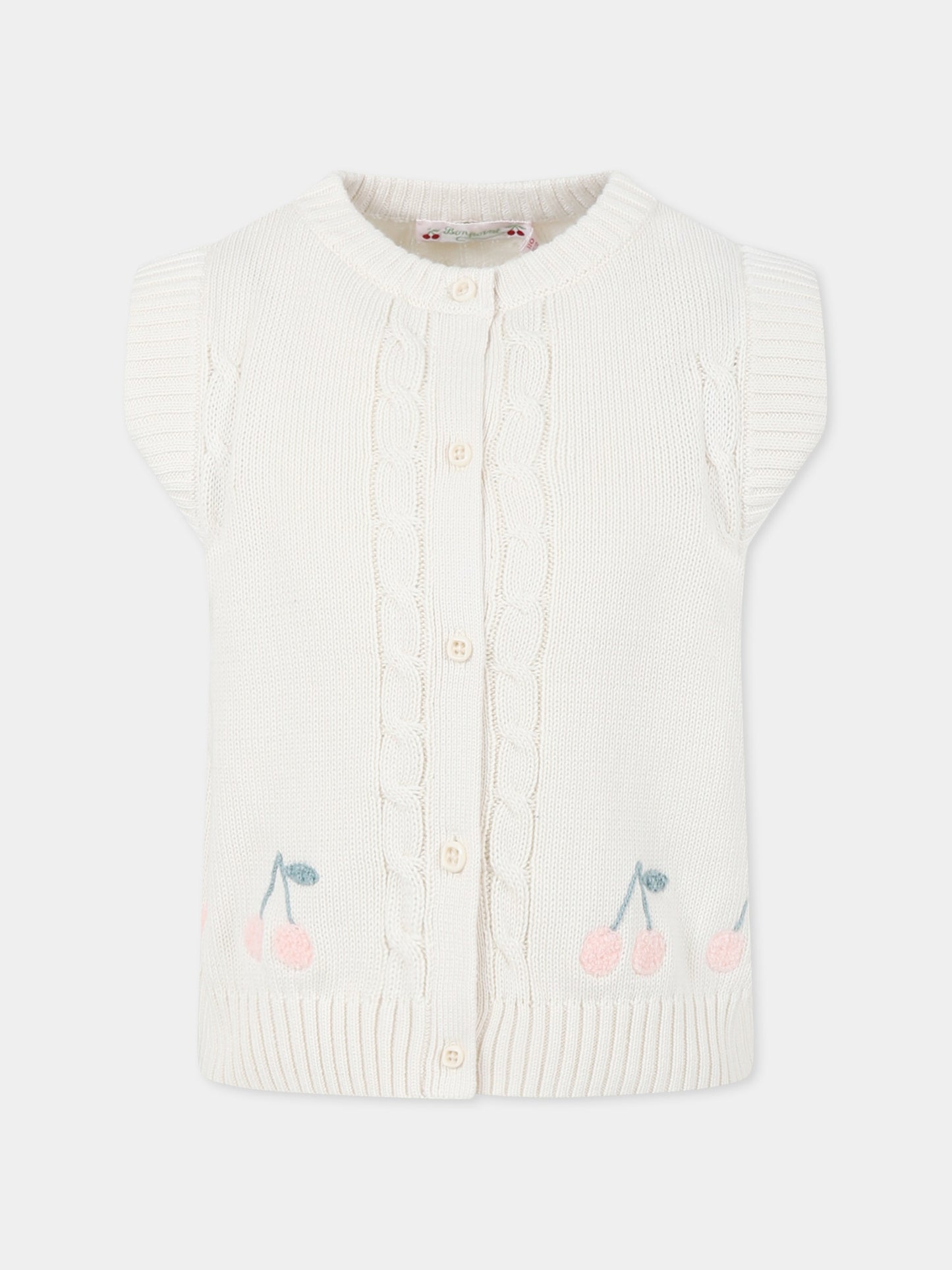 Maglia gilet avorio per bambina con ciliegie