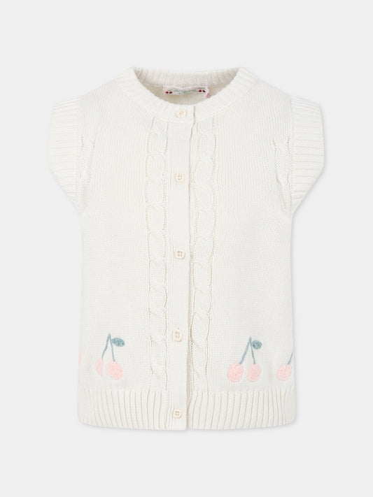 Maglia gilet avorio per bambina con ciliegie