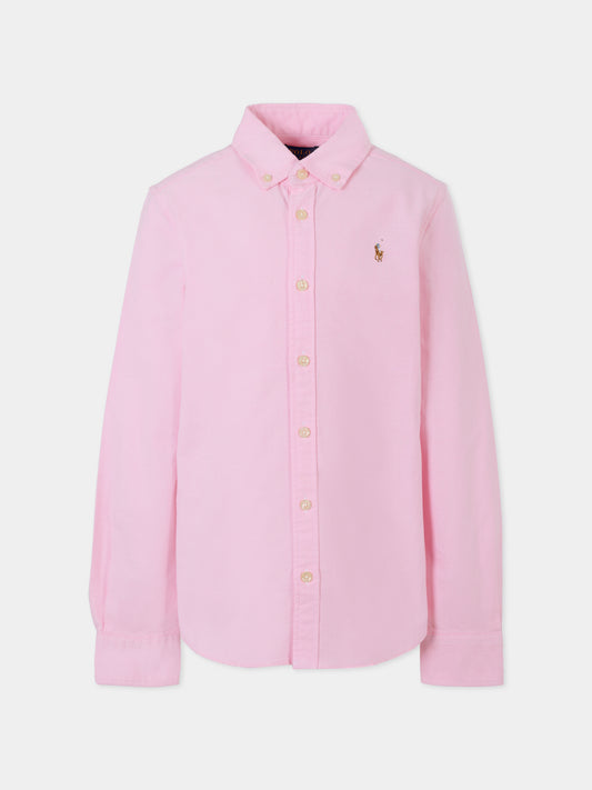 Camicia rosa per bambina con cavallino,Ralph Lauren Kids,929954002 BATH PINK