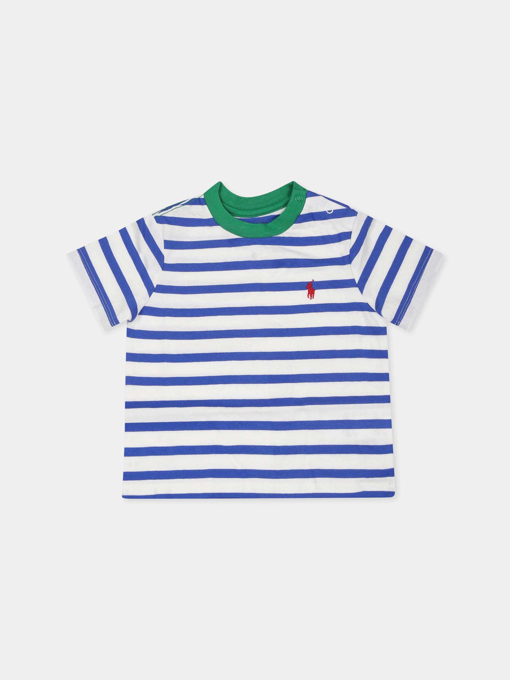 T-shirt multicolor per neonato con cavallino,Ralph Lauren Kids,958169001 PAPER WHITE/TRAVEL BLUE