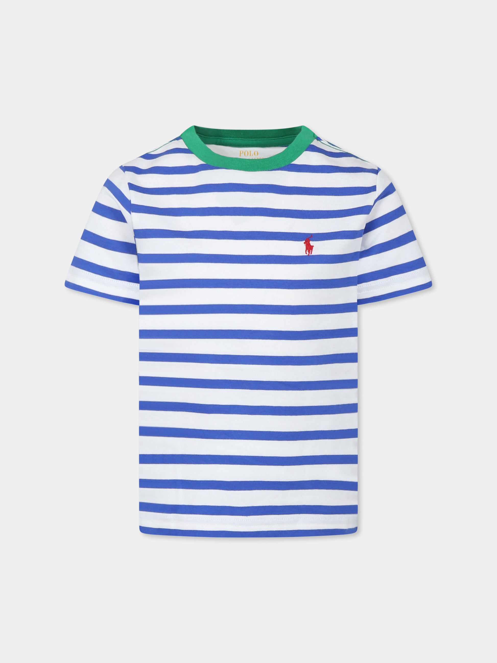 T-shirt multicolor per bambino con cavallino,Ralph Lauren Kids,958169001 PAPER WHITE/TRAVEL BLUE