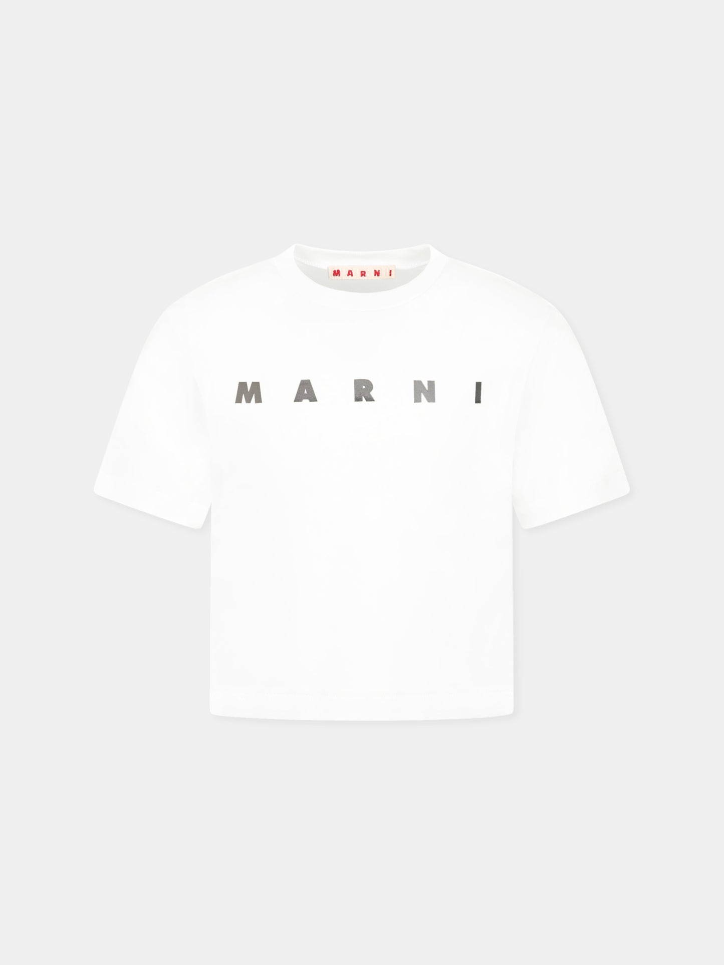T-shirt bianca crop per bambina con logo argentato metallizzato,Marni Kids,M01317 M00HZ MT256F 0M100