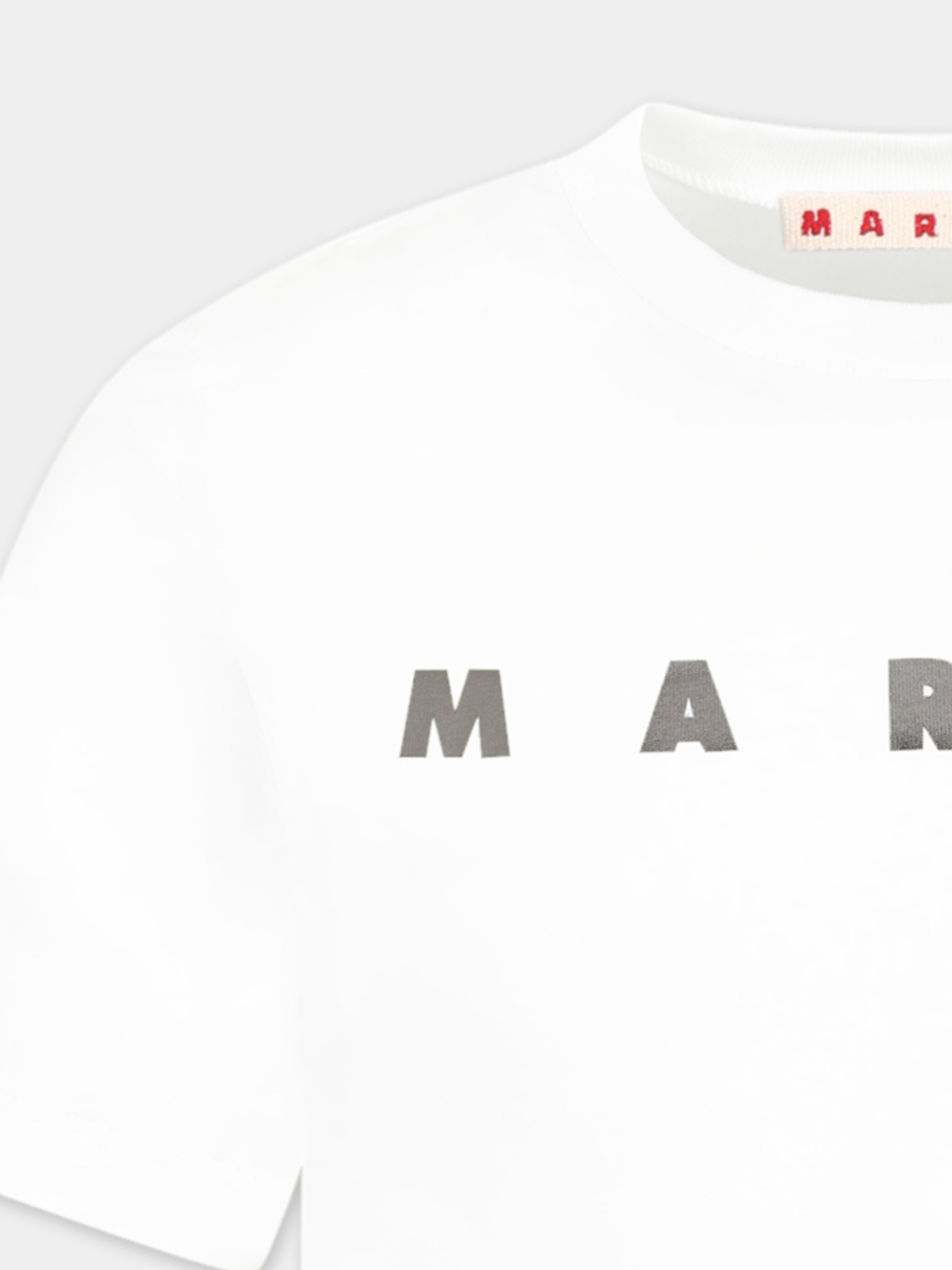 T-shirt bianca crop per bambina con logo argentato metallizzato,Marni Kids,M01317 M00HZ MT256F 0M100