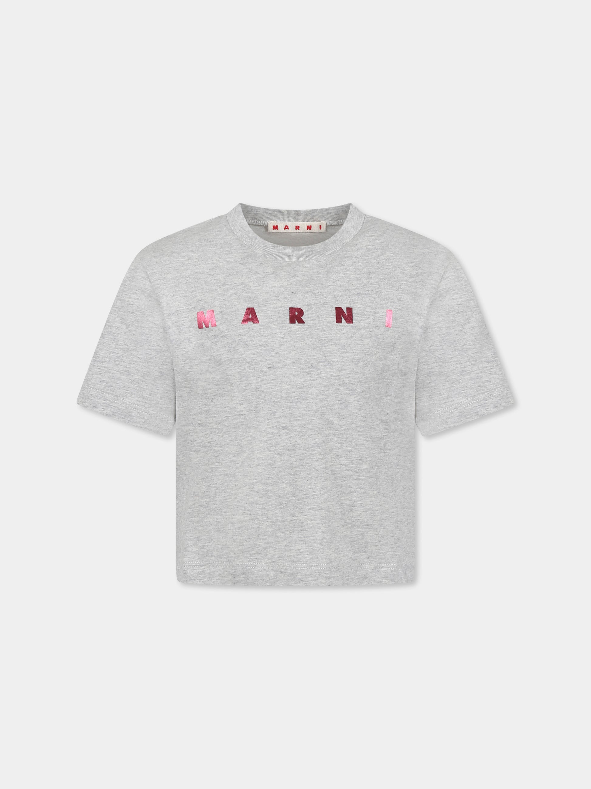 T-shirt grigia crop per bambina con logo fucsia metallizzato,Marni Kids,M01317 M00HZ MT256F 0M903