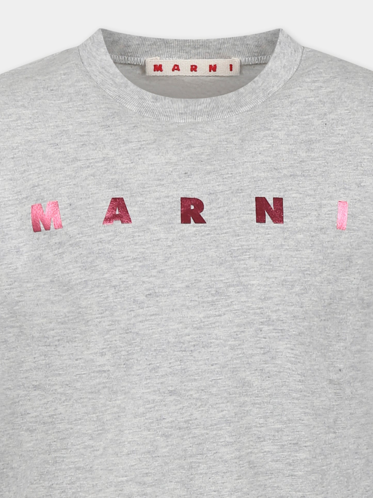 T-shirt grigia crop per bambina con logo fucsia metallizzato,Marni Kids,M01317 M00HZ MT256F 0M903
