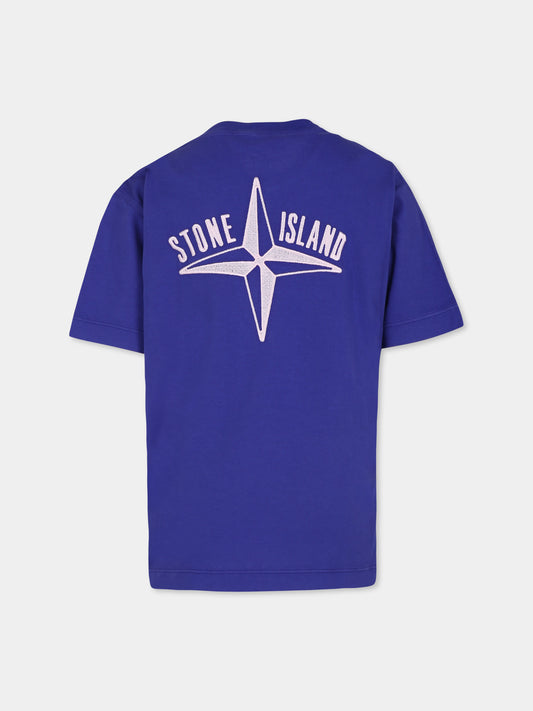 T-shirt blu per bambino con bussola,Stone Island Junior,801621071 V0022